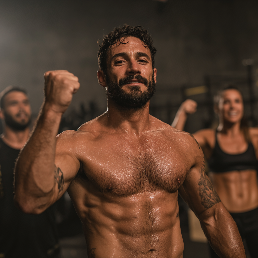 Homem português de meia-idade sorrindo durante treino ao ar livre num dia ensolarado
