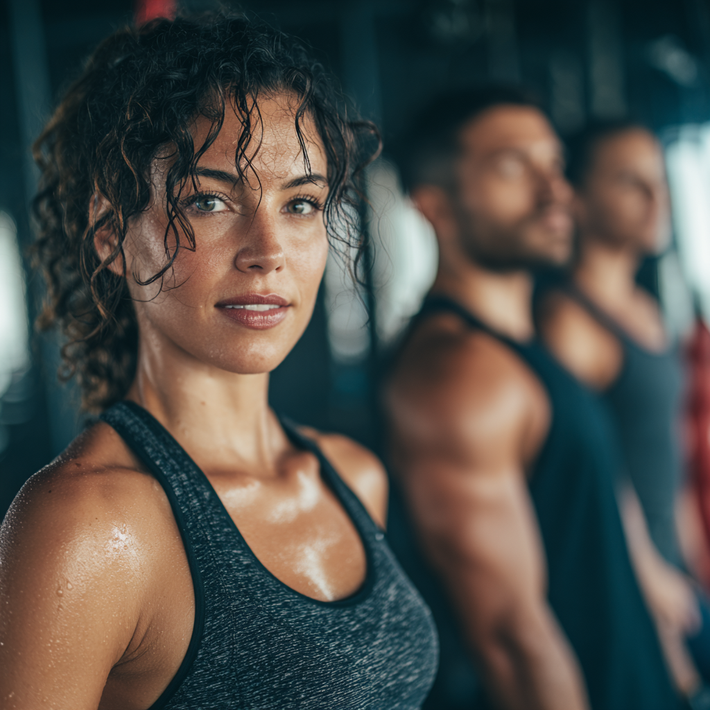 Grupo de adultos portugueses sorridentes a praticar exercícios ao ar livre num dia ensolarado